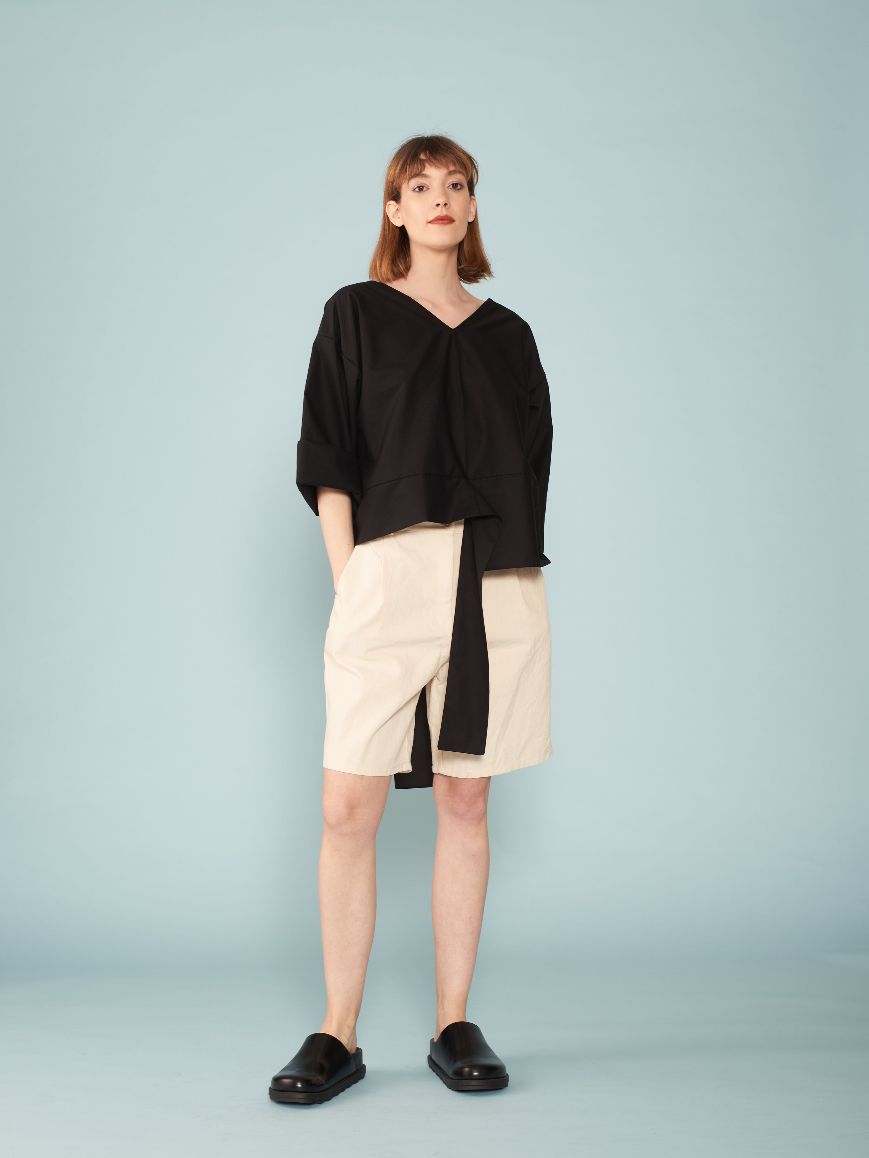 ZW black V-neck women's top with tie